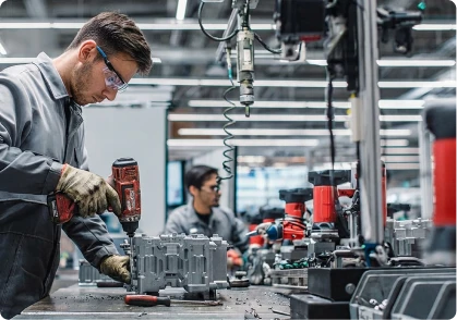 Gloved hands driving fasteners into a metal assembly