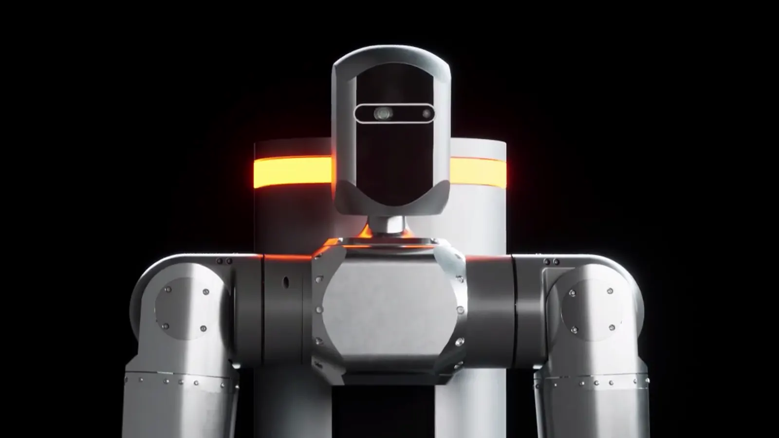 PR-OMNI's head: a stereo camera behind a dark visor, lit by an amber band