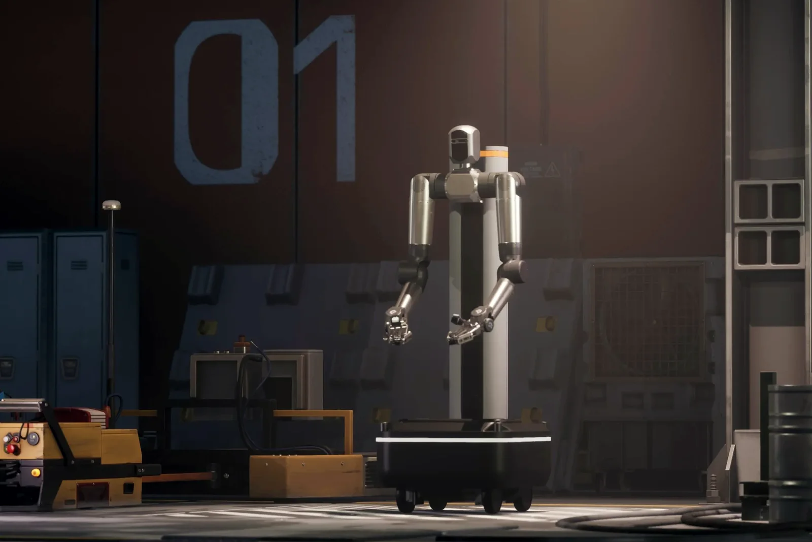 PR-OMNI standing on its mobile base in a dim facility